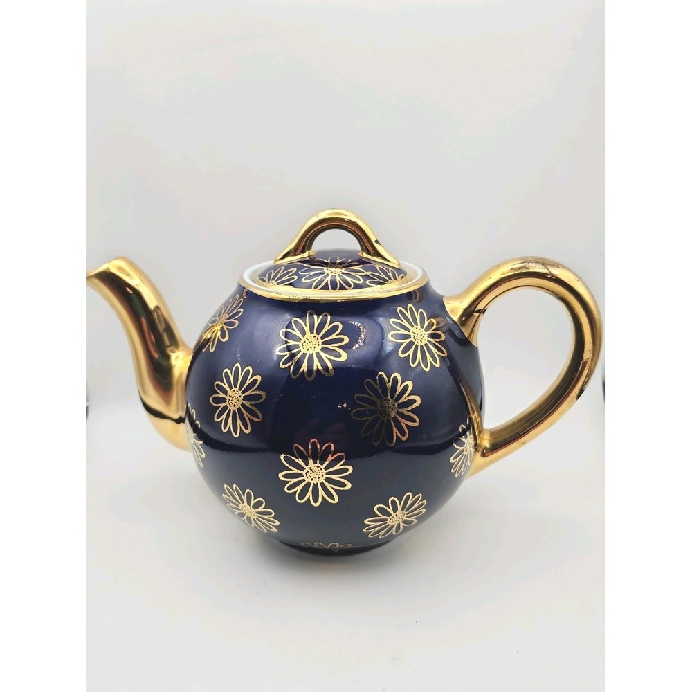 Vintage Hall China Gold Label teapot  French Daisy pattern Ceramic cobalt & 22k